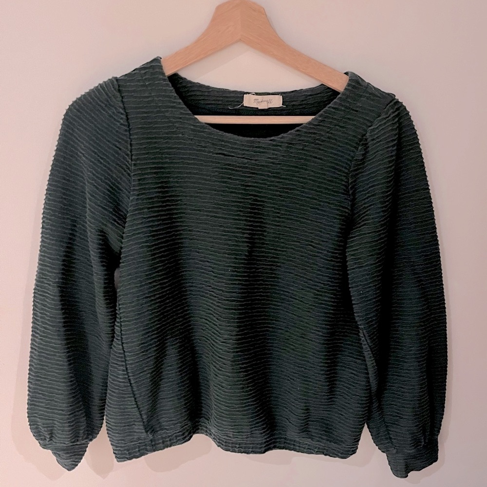 Madewell Green long-sleeved ribbed blouse.